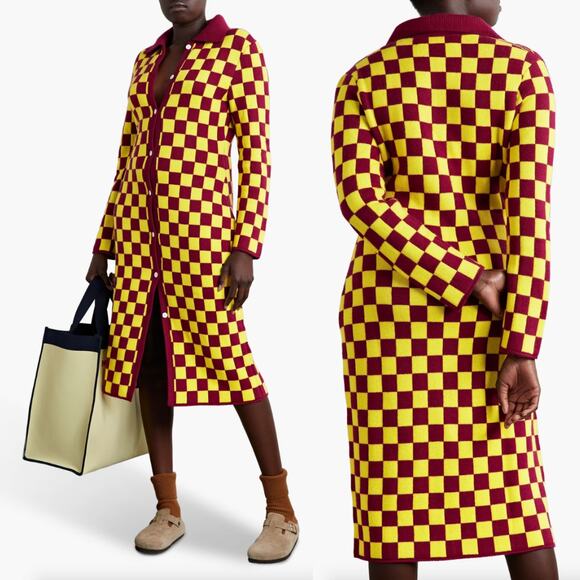 The Elder Statesman | Cabernet Yellow Checkered Cashmere Knit Cardigan Dress S - Picture 2 of 15